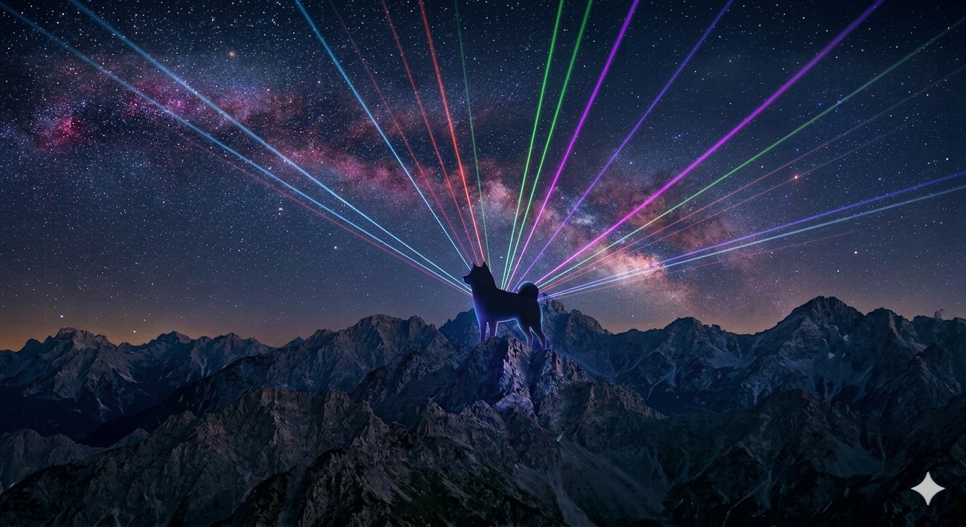 A shiba on a mountain peak with lasers in a starry sky